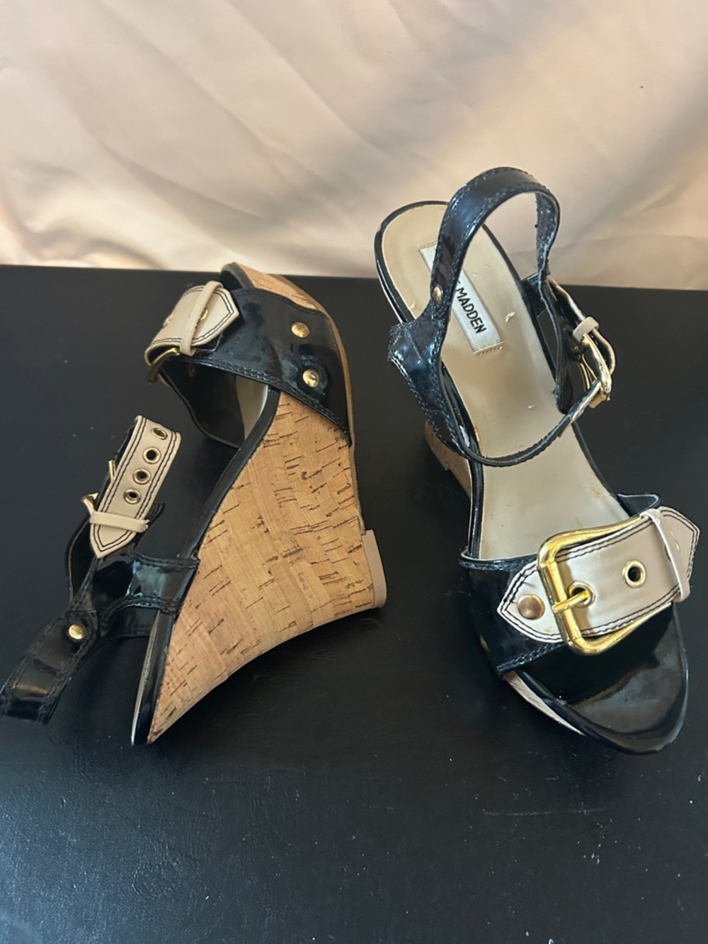 Steve Madden Black Patent Wedges with Gold Buckle Detail